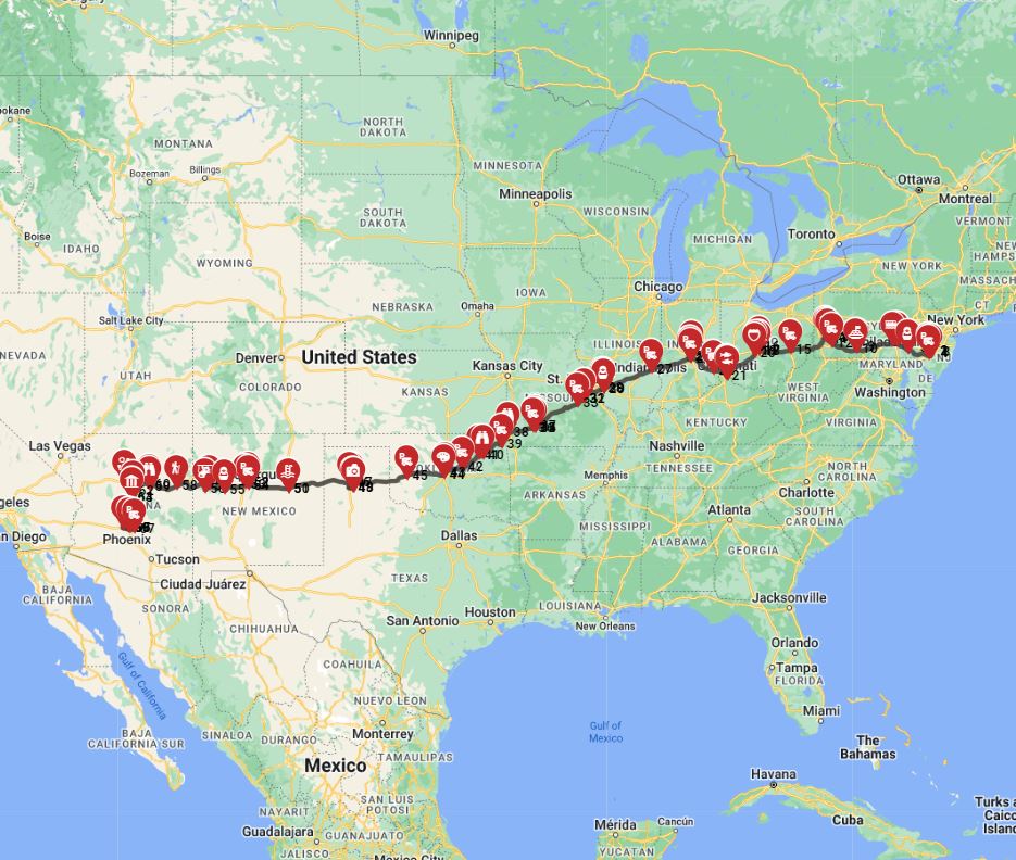 Philadelphia to Phoenix RV trip route planner